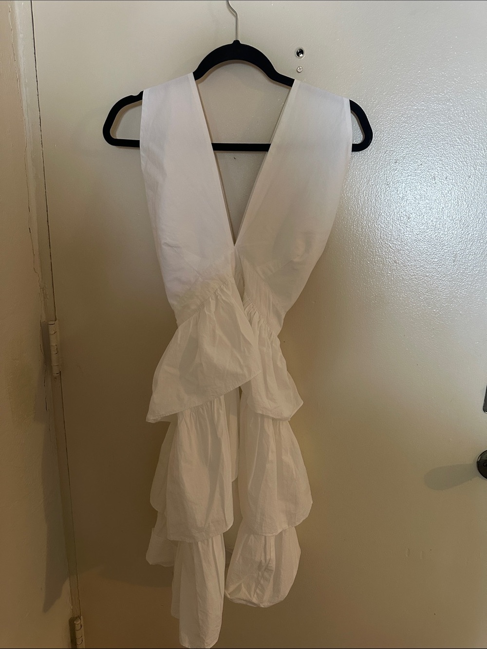 White Solid Smocked Ruffle Layered Mini Dress Women's M Sleeveless V-Neck